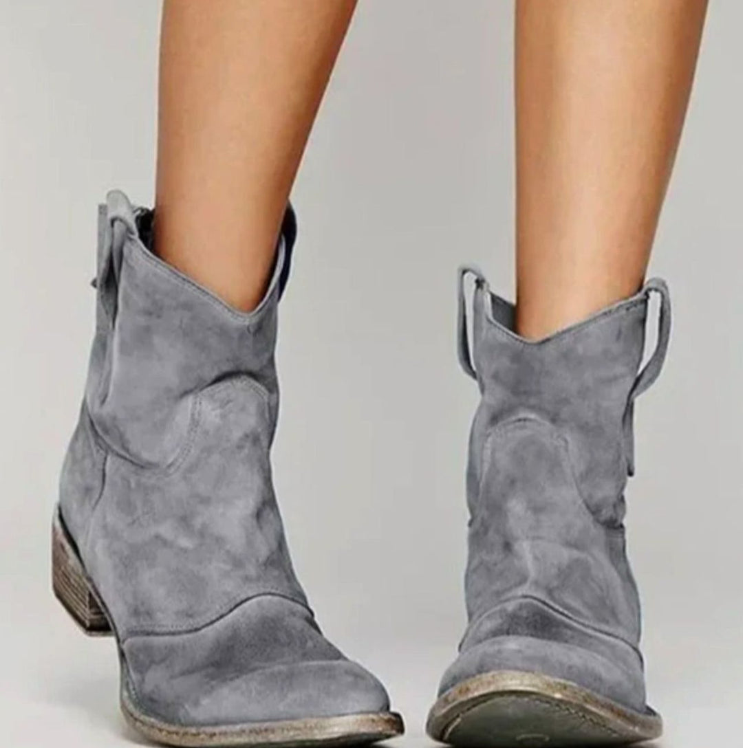 Damen Wildleder-Westernstiefel mit niedrigem Absatz Zugschlaufen Blockabsatz - Grau