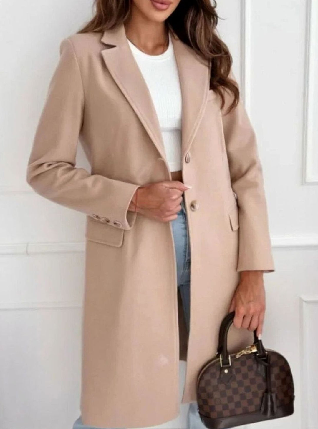 Damen Wollmantel Langer Einreihiger Mantel mit Reverskragen - Khaki