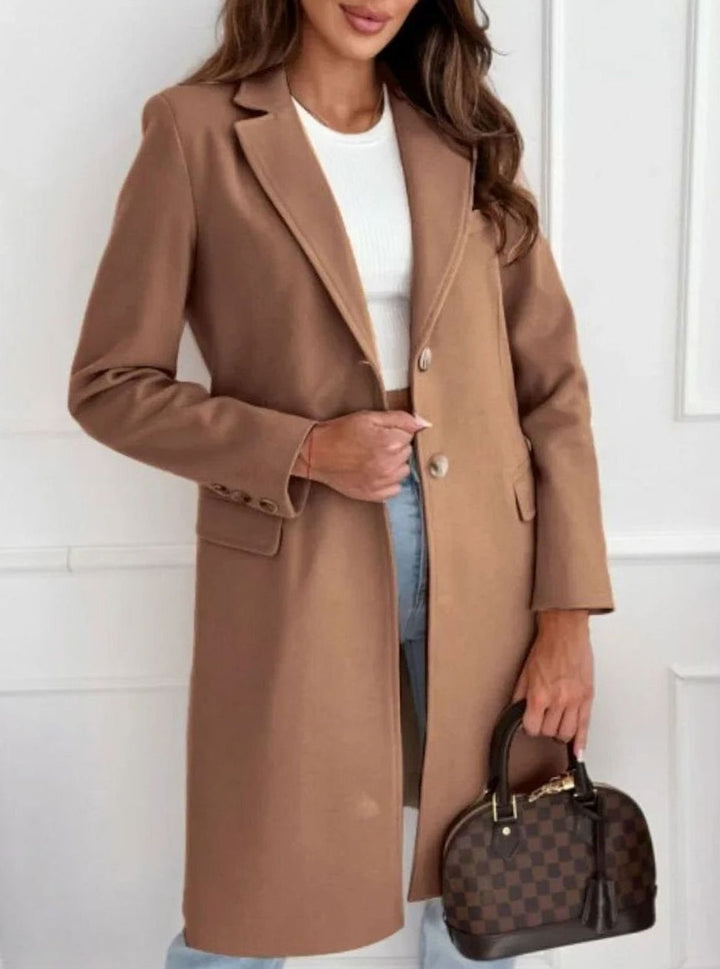 Damen Wollmantel Langer Einreihiger Mantel mit Reverskragen - Camel