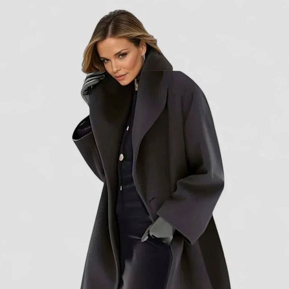 Damen Wollmantel mit Schalkragen und Knopfleiste Relaxed Fit - Schwarz