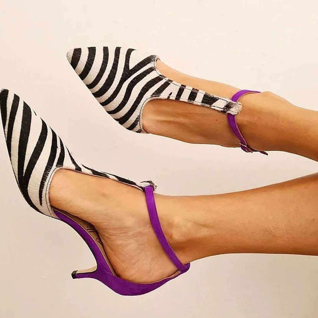 Damen Zebra-Print Spitzschuh Pumps mit Lila Knöchelriemen - Lila
