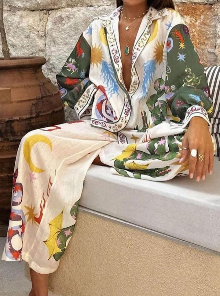 Damen Zweiteiler Langarm-Bluse Elastische Weite Hose Boho-Print - Mehrfarbig