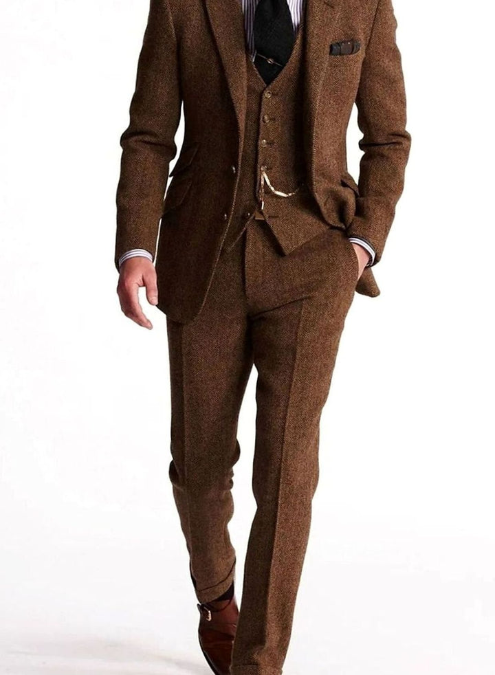 Herren Dreiteiliger Fischgrat-Tweed Winteranzug klassischer Schnitt - Braun