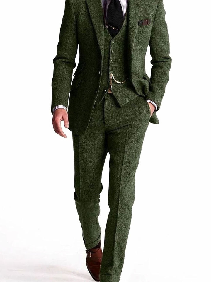 Herren Dreiteiliger Fischgrat-Tweed Winteranzug klassischer Schnitt - Grün