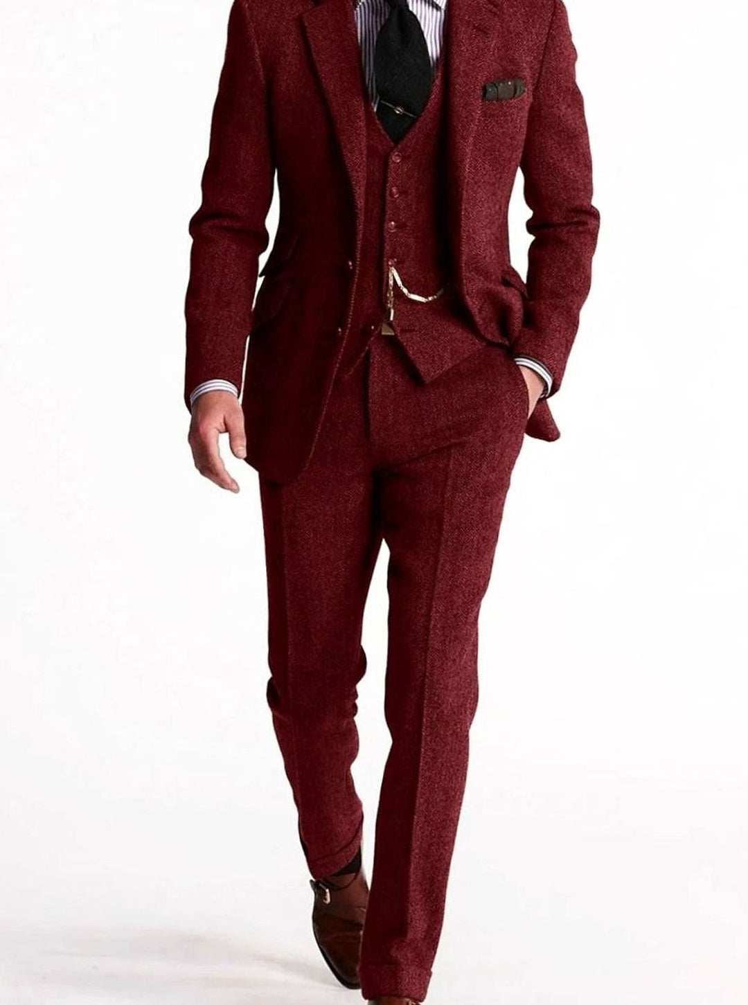 Herren Dreiteiliger Fischgrat-Tweed Winteranzug klassischer Schnitt - Burgunderrot