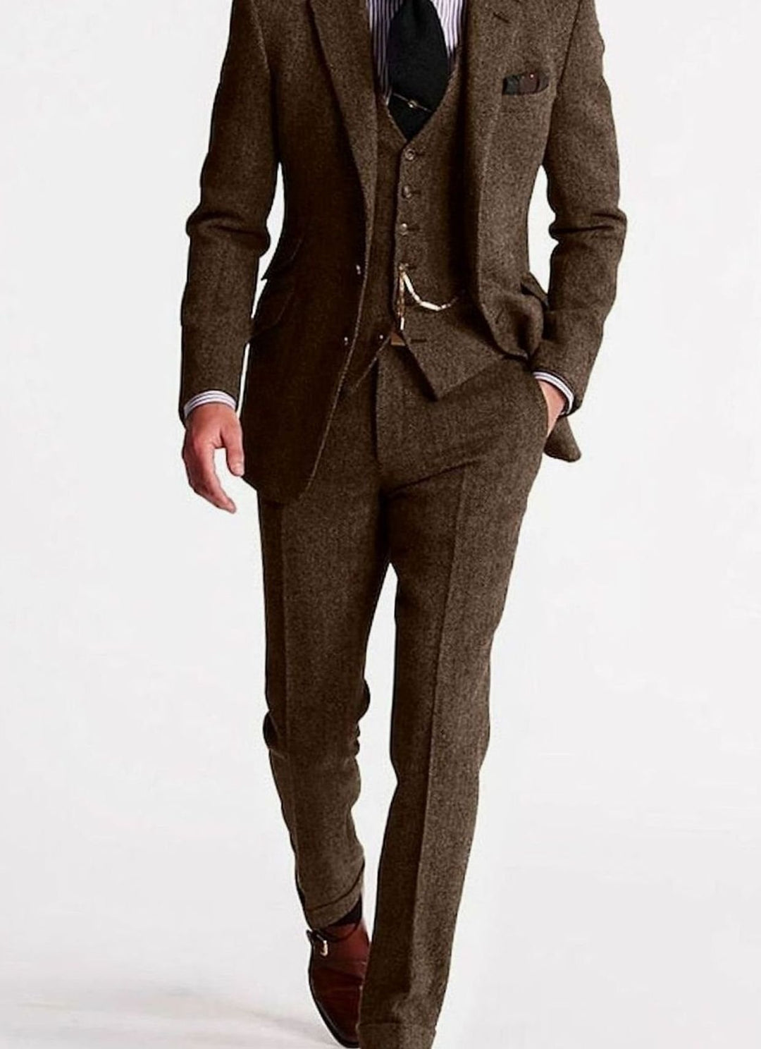 Herren Dreiteiliger Fischgrat-Tweed Winteranzug klassischer Schnitt - Kaffee