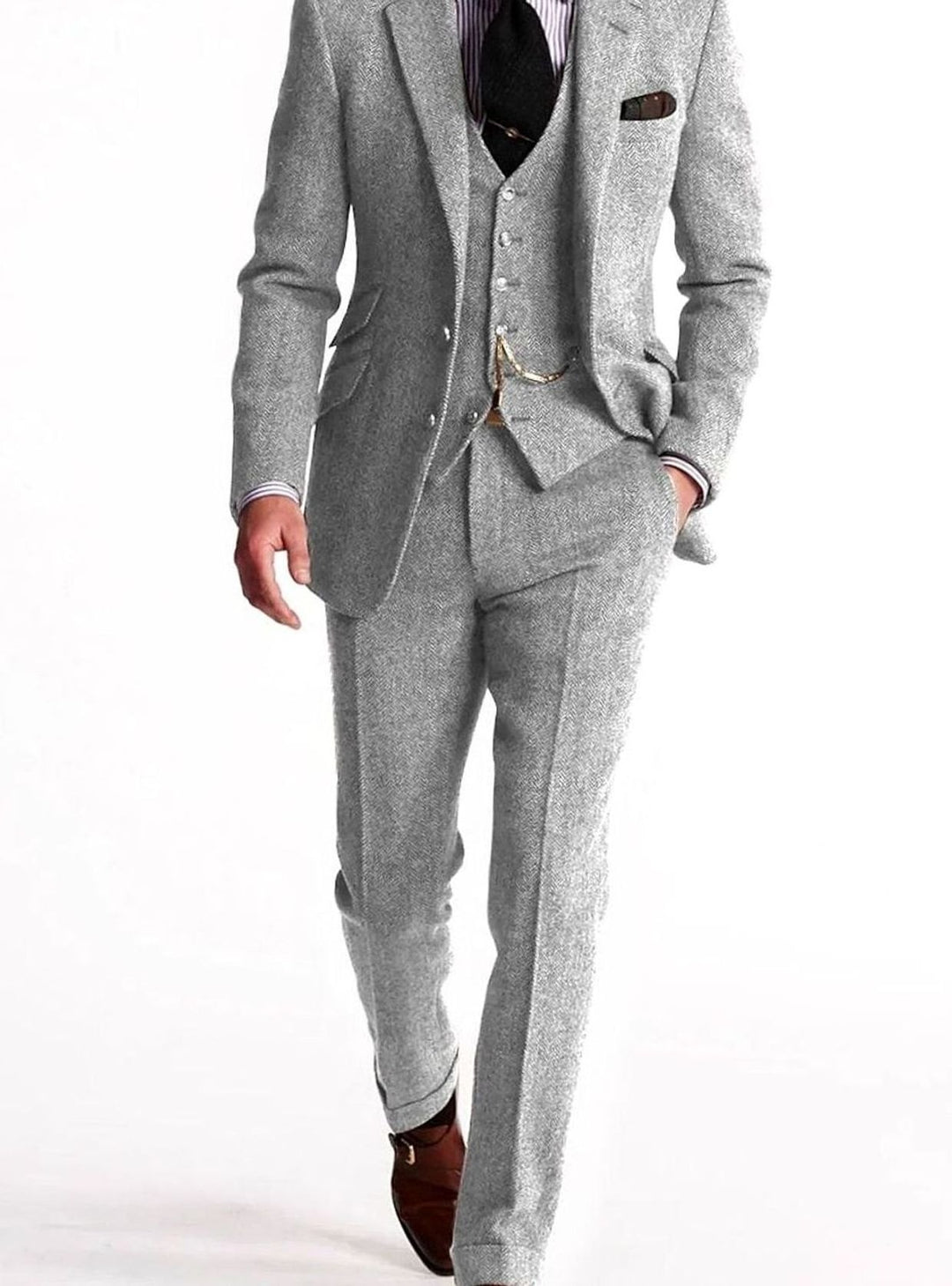Herren Dreiteiliger Fischgrat-Tweed Winteranzug klassischer Schnitt - Silber