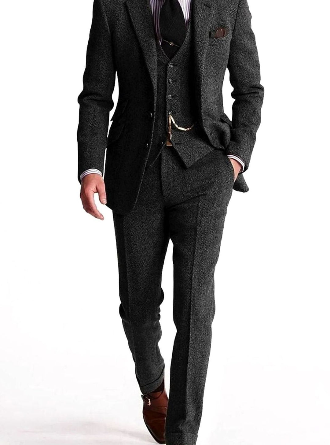 Herren Dreiteiliger Fischgrat-Tweed Winteranzug klassischer Schnitt - Grau