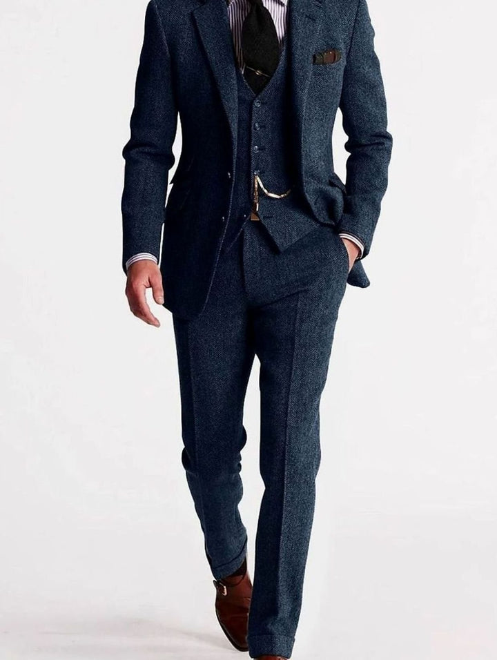 Herren Dreiteiliger Fischgrat-Tweed Winteranzug klassischer Schnitt - Marineblau