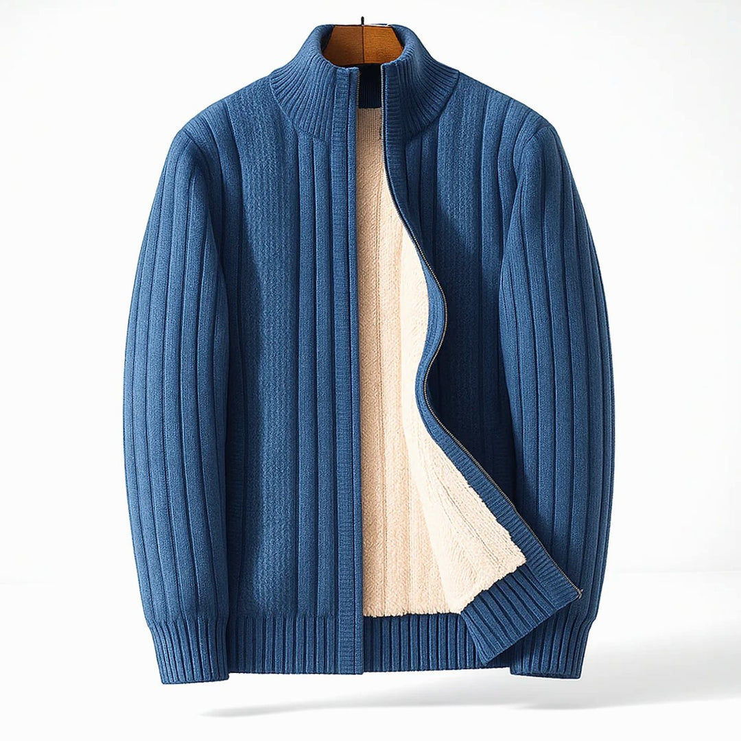 Herren Fleece-gefütterter Rippstrick Zipper Cardigan mit Stehkragen - Blau