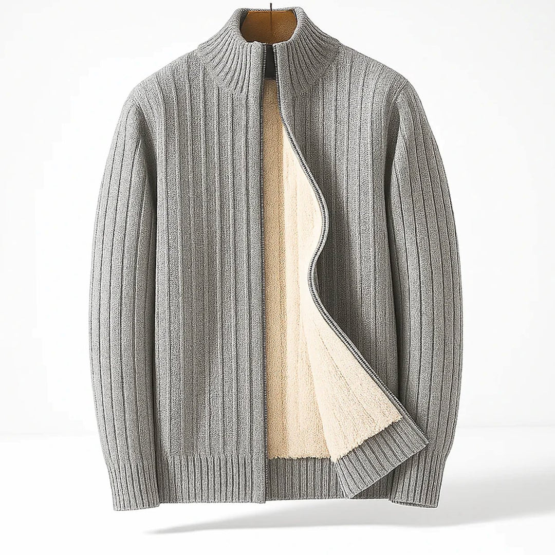 Herren Fleece-gefütterter Rippstrick Zipper Cardigan mit Stehkragen - Hellgrau