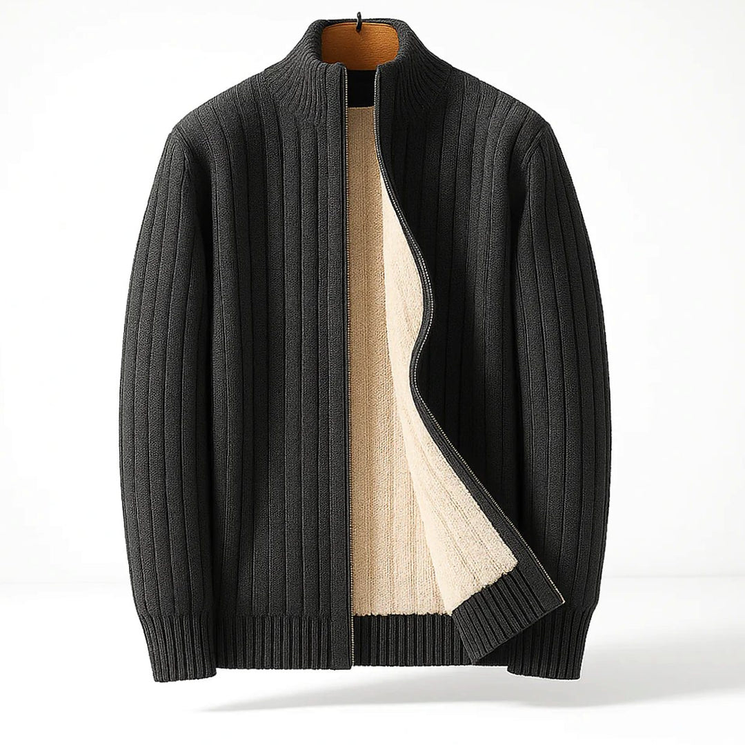 Herren Fleece-gefütterter Rippstrick Zipper Cardigan mit Stehkragen - Dunkelgrau
