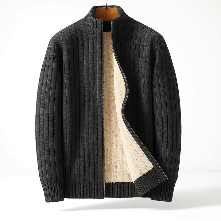 Herren Fleece-gefütterter Rippstrick Zipper Cardigan mit Stehkragen - Dunkelgrau