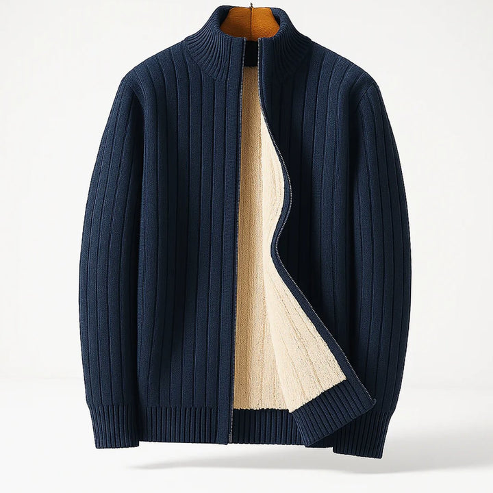 Herren Fleece-gefütterter Rippstrick Zipper Cardigan mit Stehkragen - Marineblau