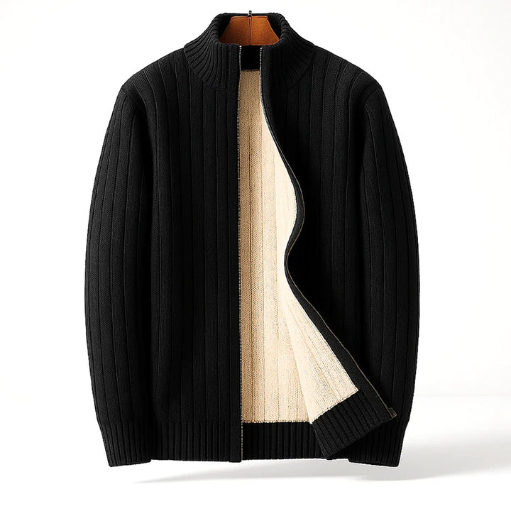 Herren Fleece-gefütterter Rippstrick Zipper Cardigan mit Stehkragen - Schwarz