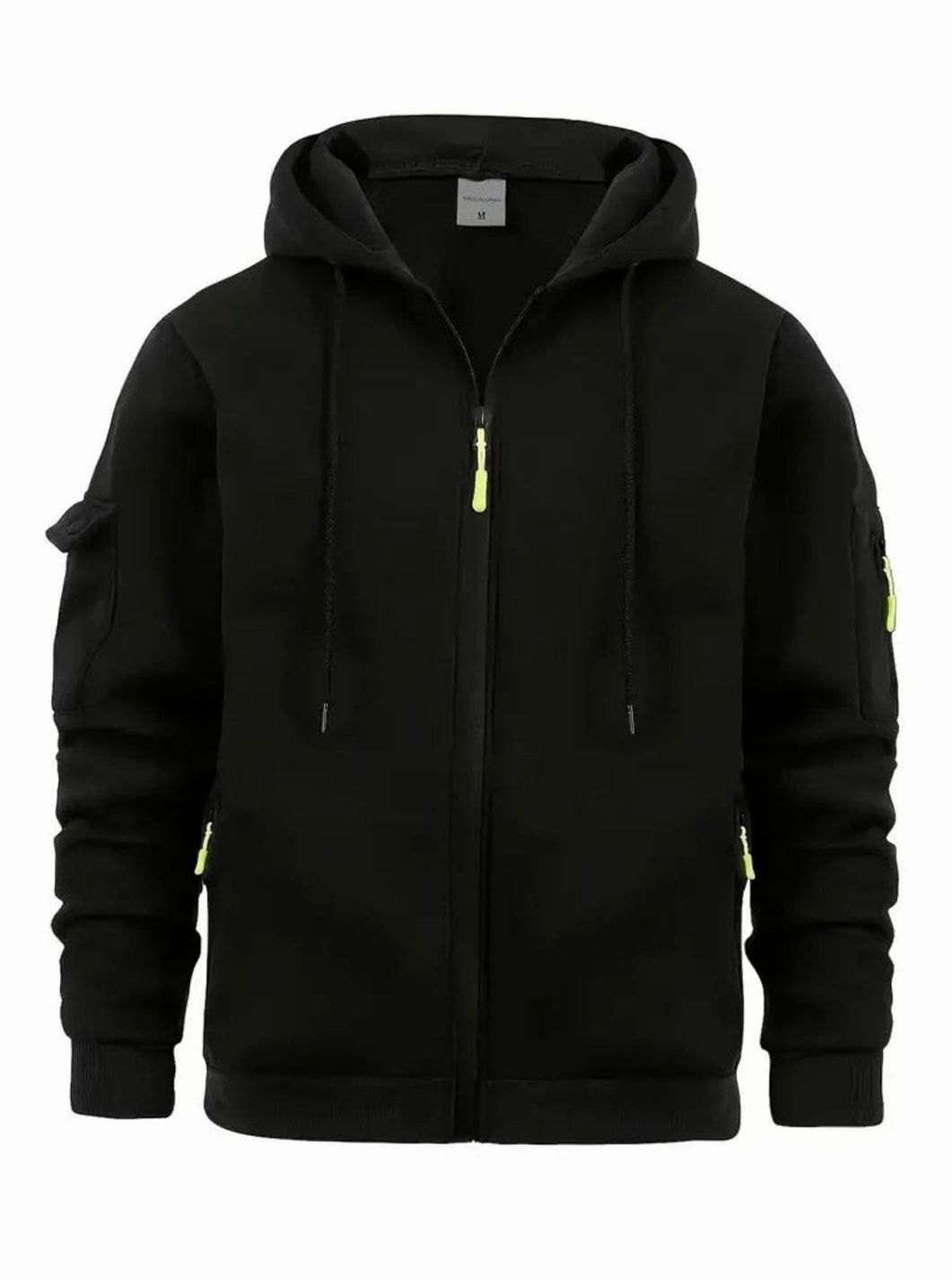 Herren Full-Zip Kapuzenpullover mit Taschen und Kontrast-Reißverschluss - Schwarz