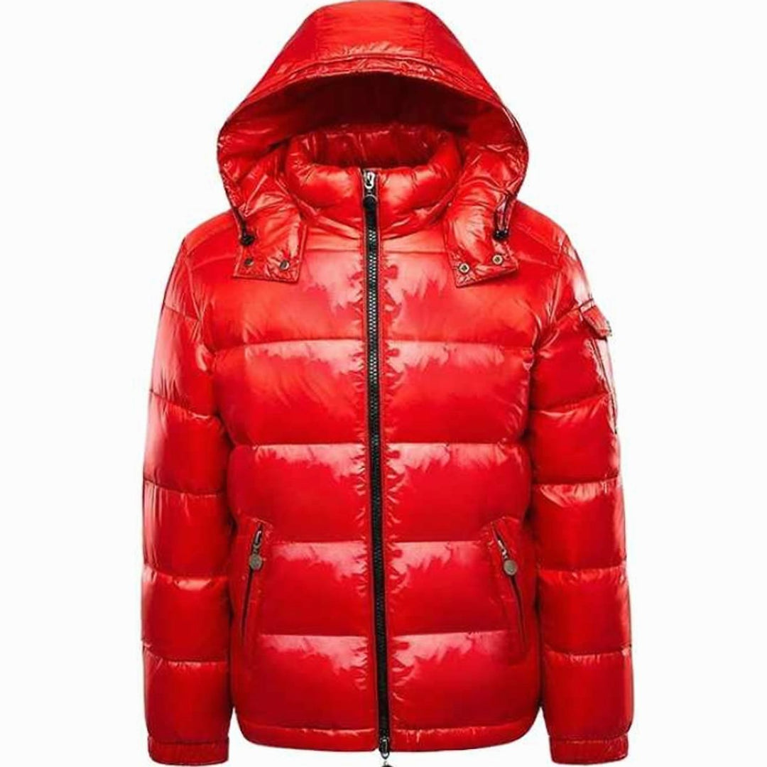 Herren Glänzende Longline Puffer Jacket mit Kapuze - Rot
