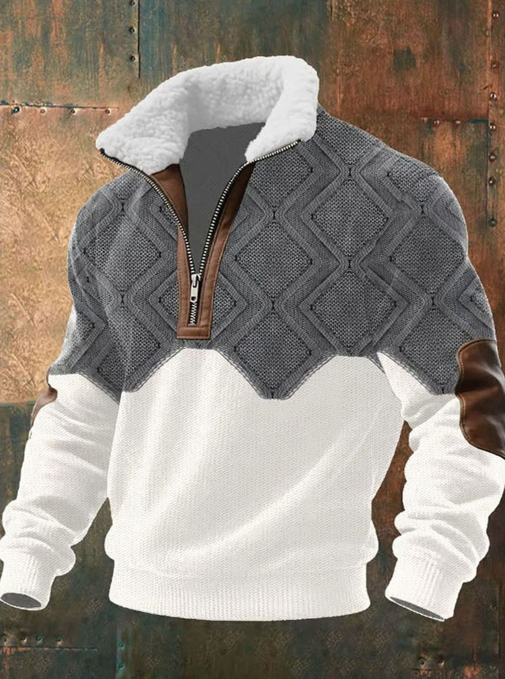Herren Half-Zip Strickpullover mit Fleecekragen und Rautenmuster - Weiß-Grau