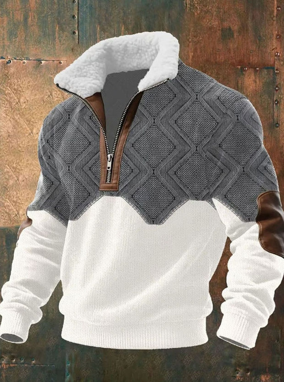 Herren Half-Zip Strickpullover mit Fleecekragen und Rautenmuster - Weiß-Grau