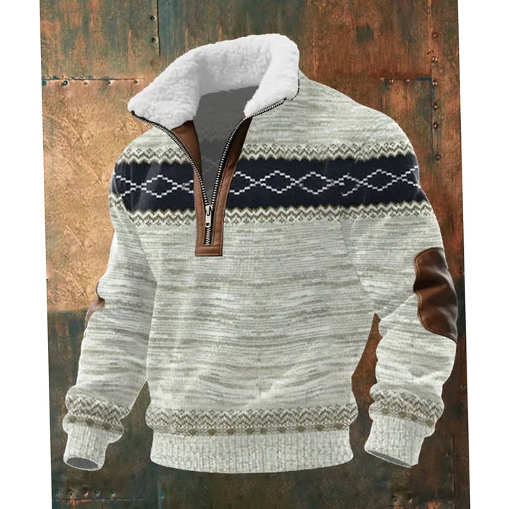 Herren Half-Zip Strickpullover mit Fleecekragen und Rautenmuster - Beige