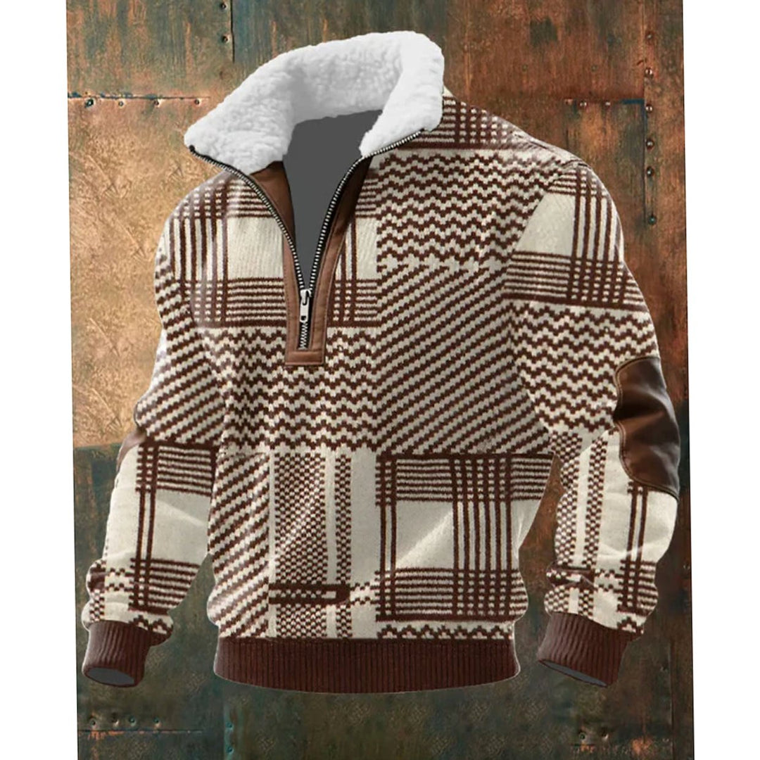 Herren Half-Zip Strickpullover mit Fleecekragen und Rautenmuster - Braun-Weiß