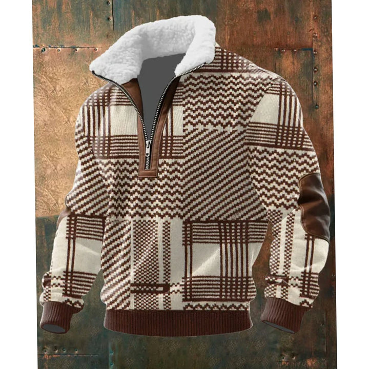 Herren Half-Zip Strickpullover mit Fleecekragen und Rautenmuster - Braun-Weiß