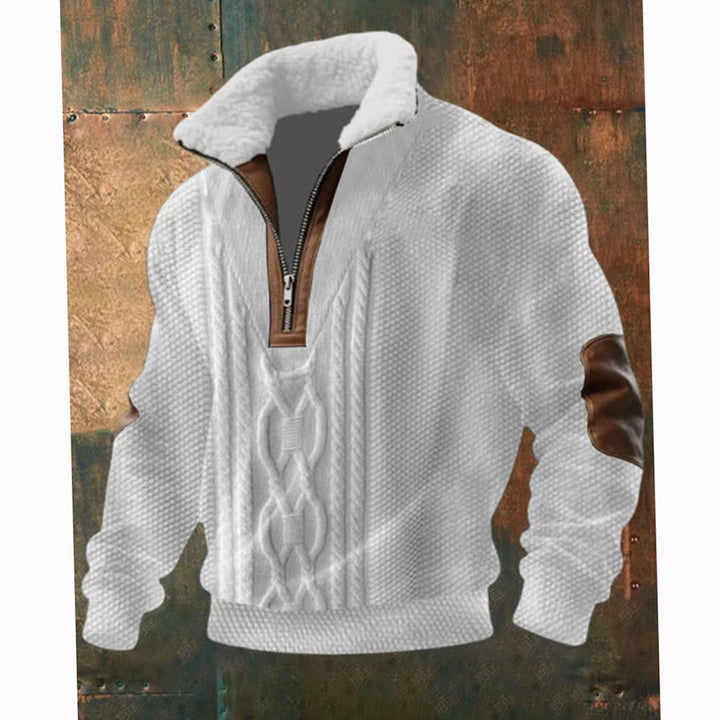 Herren Half-Zip Strickpullover mit Fleecekragen und Rautenmuster - Weiß