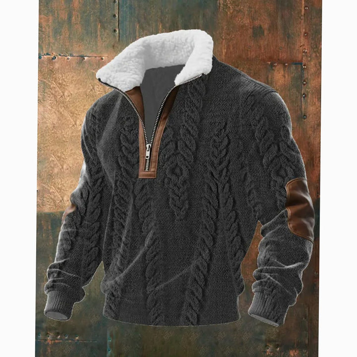Herren Half-Zip Strickpullover mit Fleecekragen und Rautenmuster - Schwarz