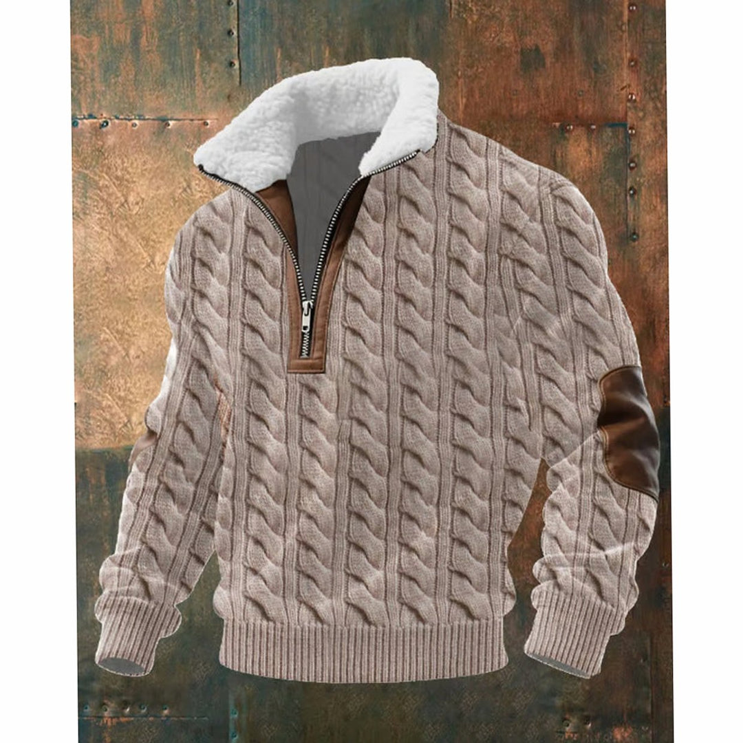 Herren Half-Zip Strickpullover mit Fleecekragen und Rautenmuster - Khaki