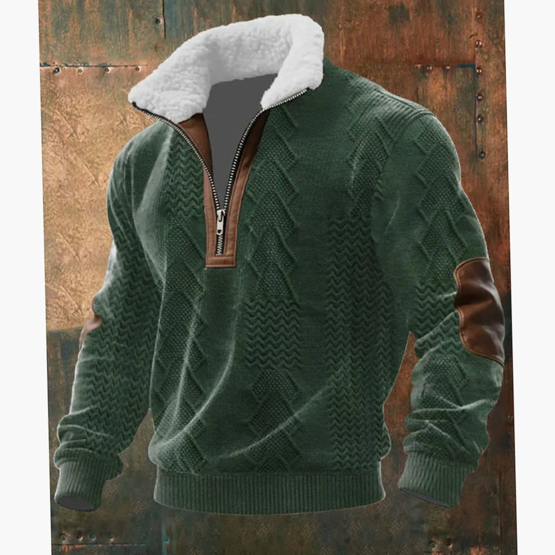 Herren Half-Zip Strickpullover mit Fleecekragen und Rautenmuster - Grün