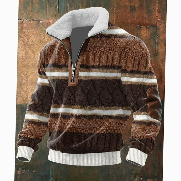 Herren Half-Zip Strickpullover mit Fleecekragen und Rautenmuster - Braun-Grau