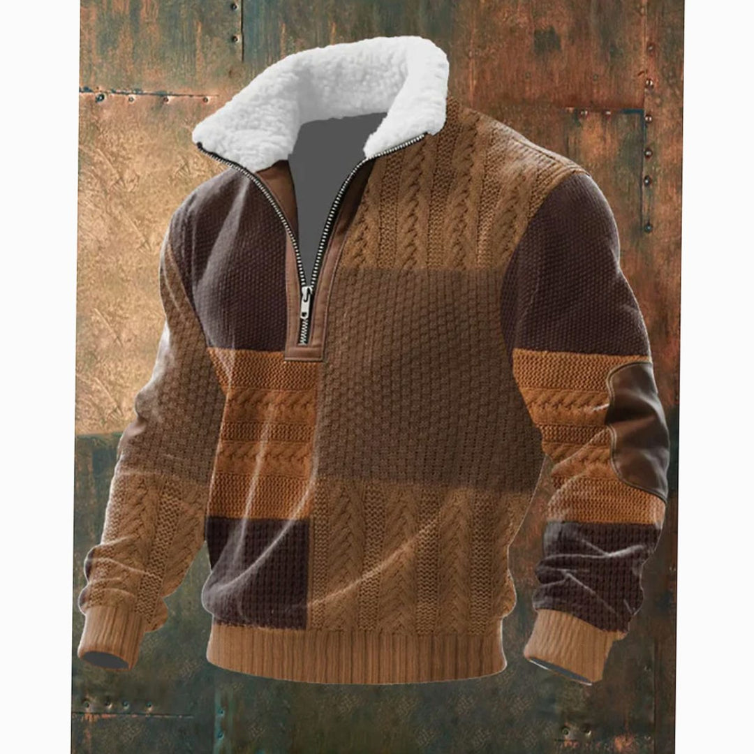 Herren Half-Zip Strickpullover mit Fleecekragen und Rautenmuster - Dunkelbraun