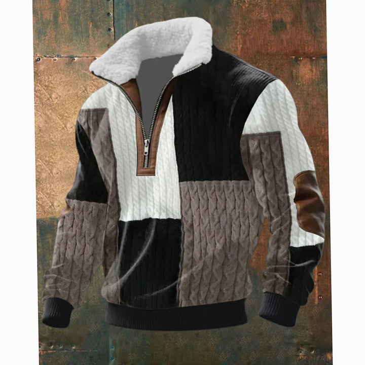Herren Half-Zip Strickpullover mit Fleecekragen und Rautenmuster - Schwarz-Weiß