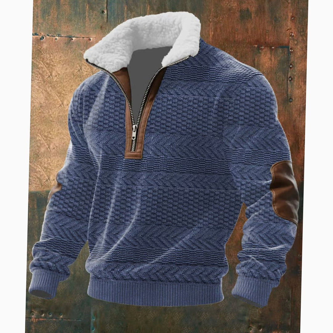 Herren Half-Zip Strickpullover mit Fleecekragen und Rautenmuster - Blau