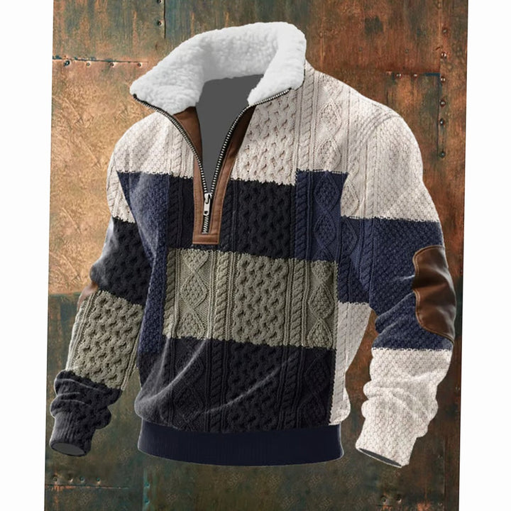 Herren Half-Zip Strickpullover mit Fleecekragen und Rautenmuster - Grün-Weiß