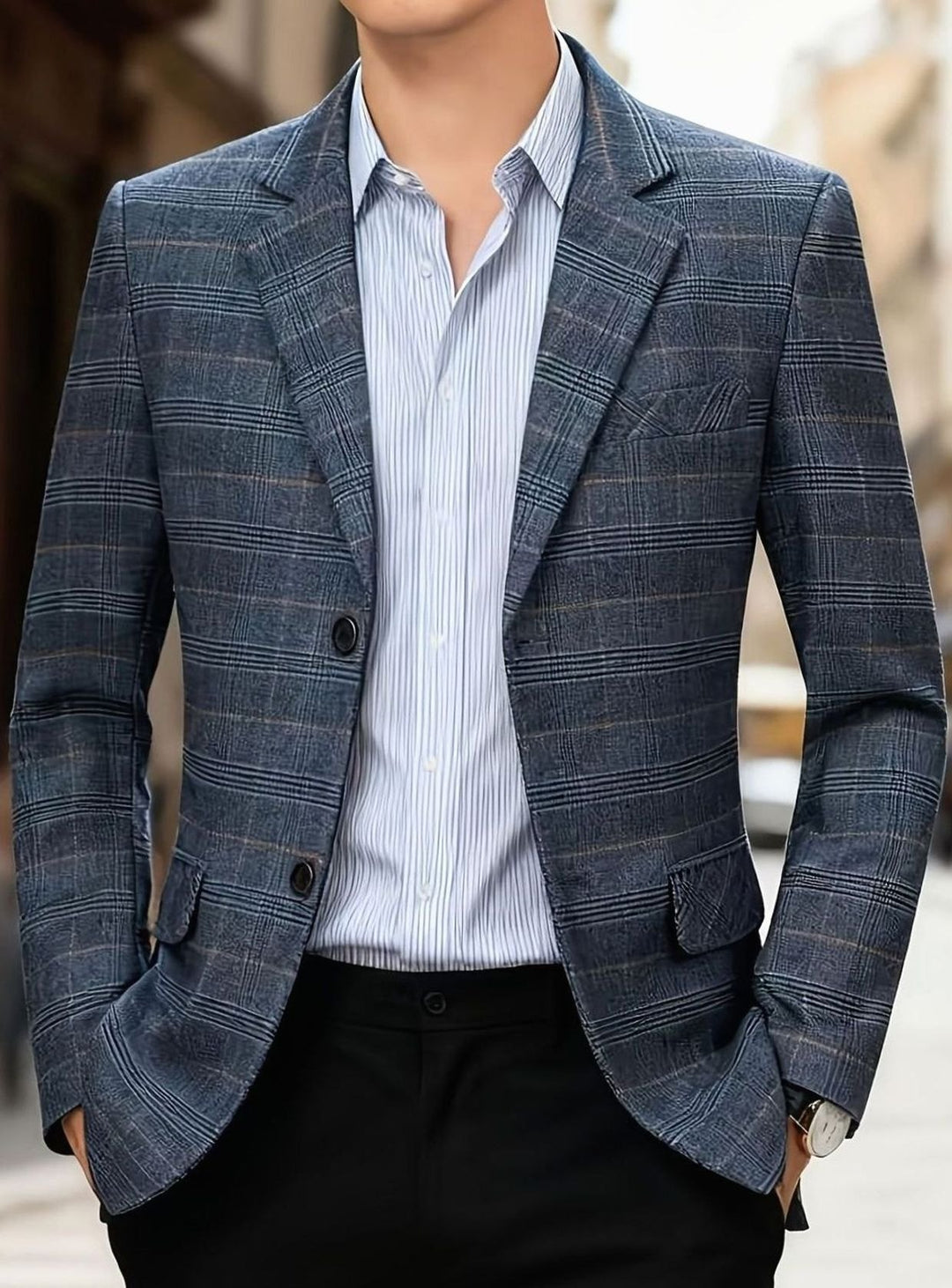 Herren Karierter Slim-Fit Einreihiger Sakko mit Revers