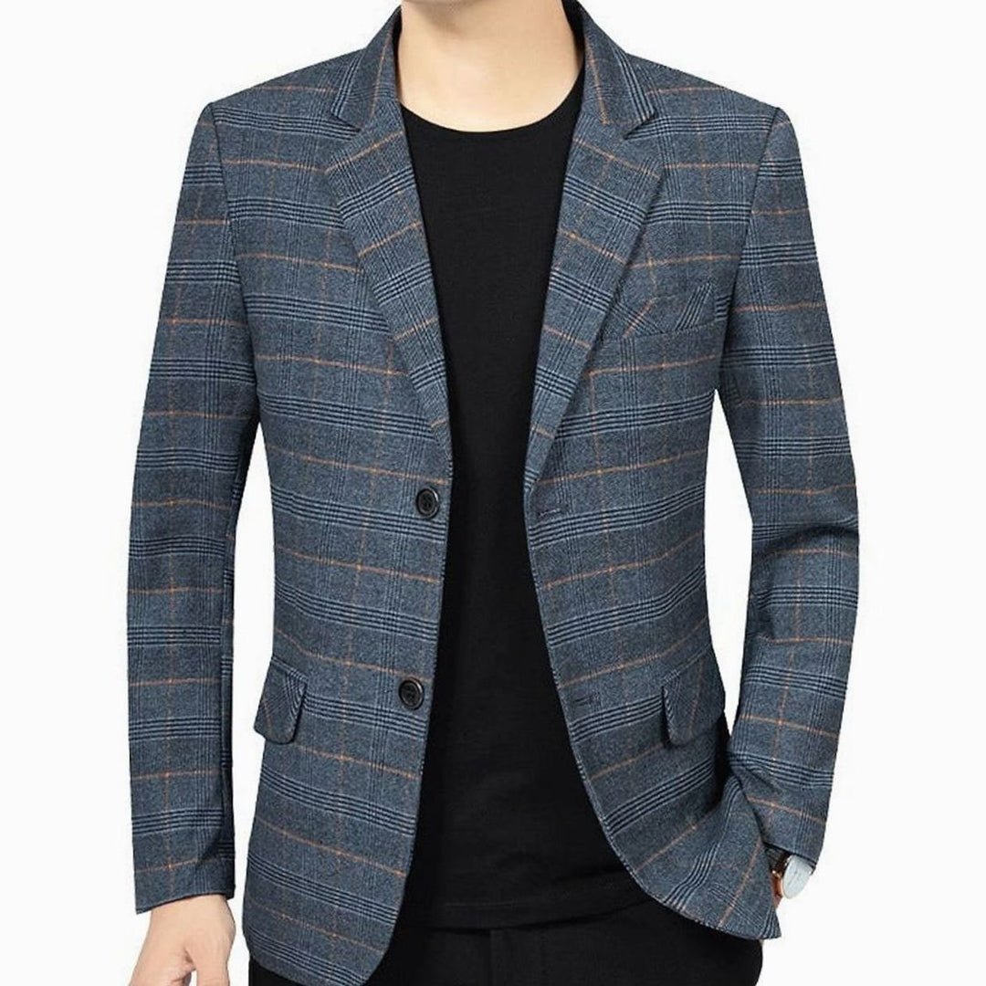 Herren Karierter Slim-Fit Einreihiger Sakko mit Revers - Marineblau
