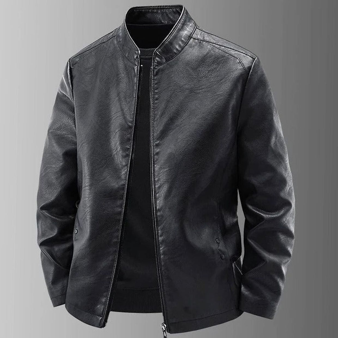 Herren Lederjacke mit Stehkragen und Reißverschluss - Schwarz