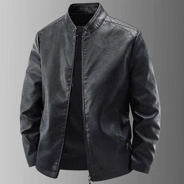 Herren Lederjacke mit Stehkragen und Reißverschluss - Schwarz