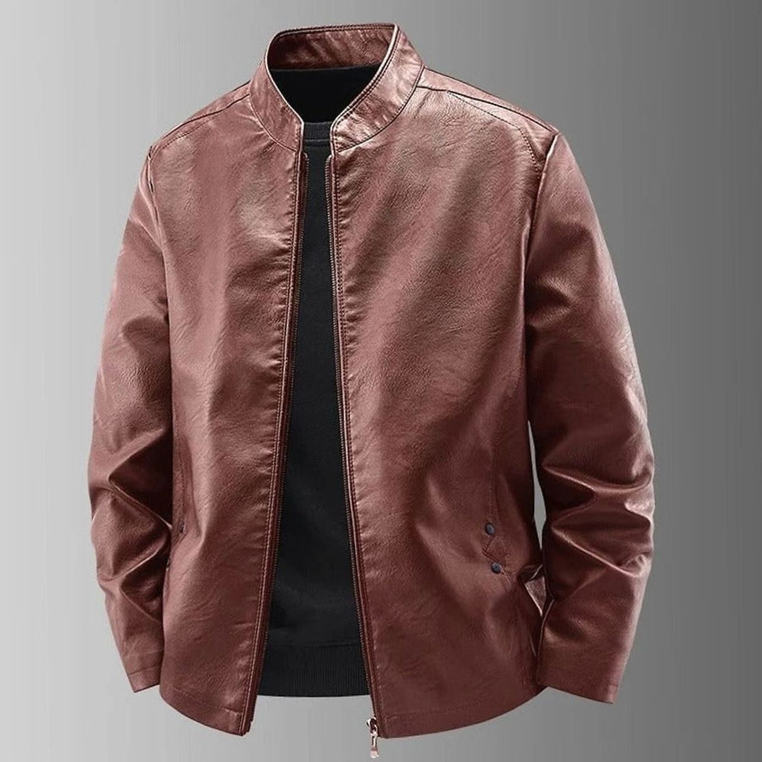 Herren Lederjacke mit Stehkragen und Reißverschluss - Rot