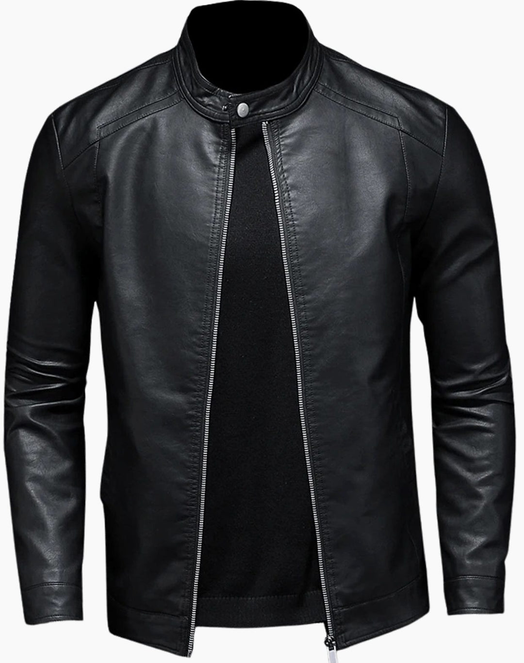 Herren Lederjacke Slim-Fit Bikerjacke mit Reißverschluss Stehkragen