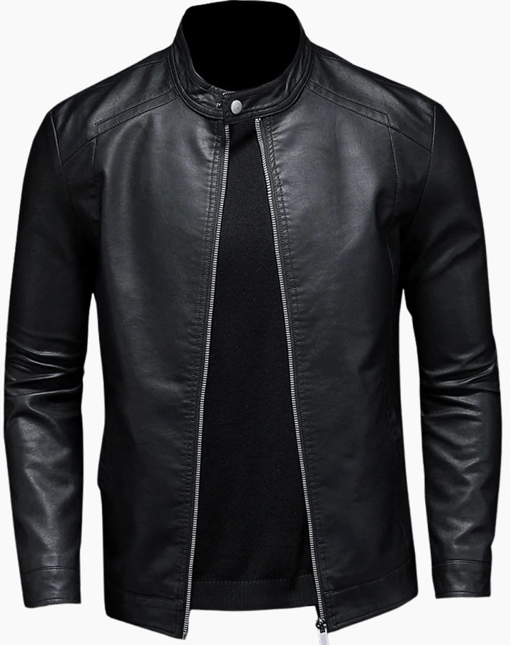 Herren Lederjacke Slim-Fit Bikerjacke mit Reißverschluss Stehkragen