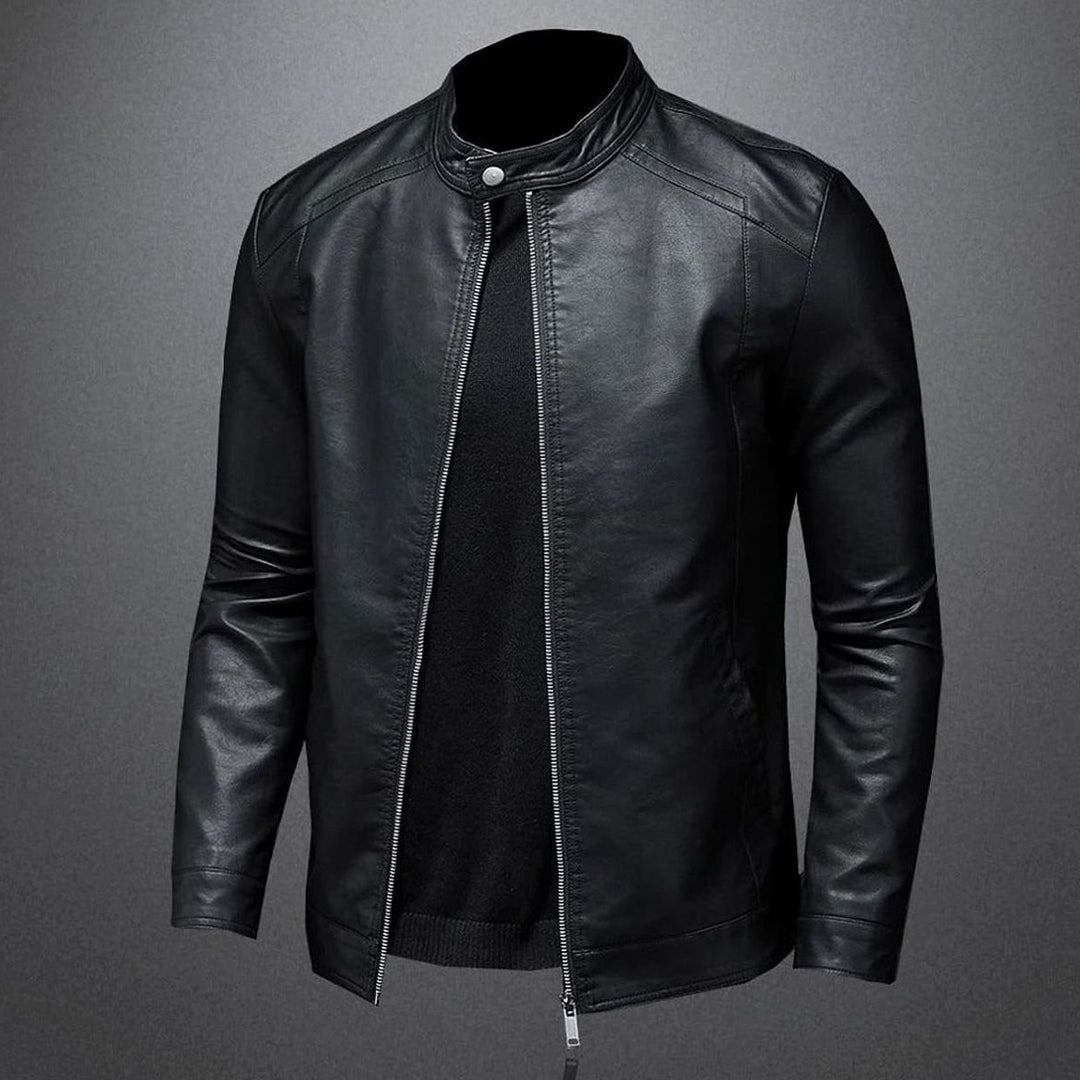 Herren Lederjacke Slim-Fit Bikerjacke mit Reißverschluss Stehkragen