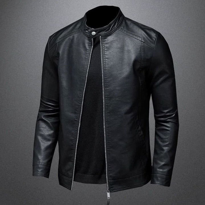 Herren Lederjacke Slim-Fit Bikerjacke mit Reißverschluss Stehkragen