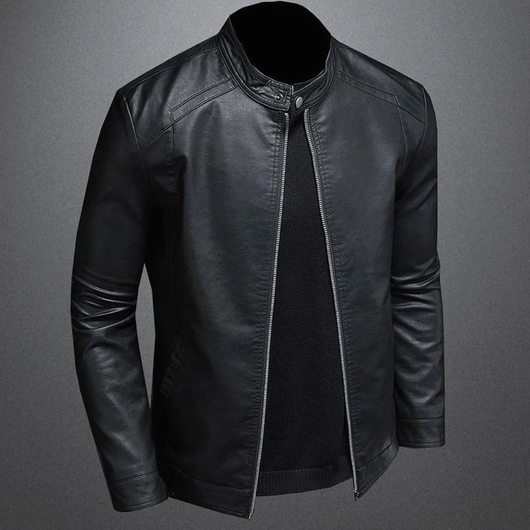 Herren Lederjacke Slim-Fit Bikerjacke mit Reißverschluss Stehkragen