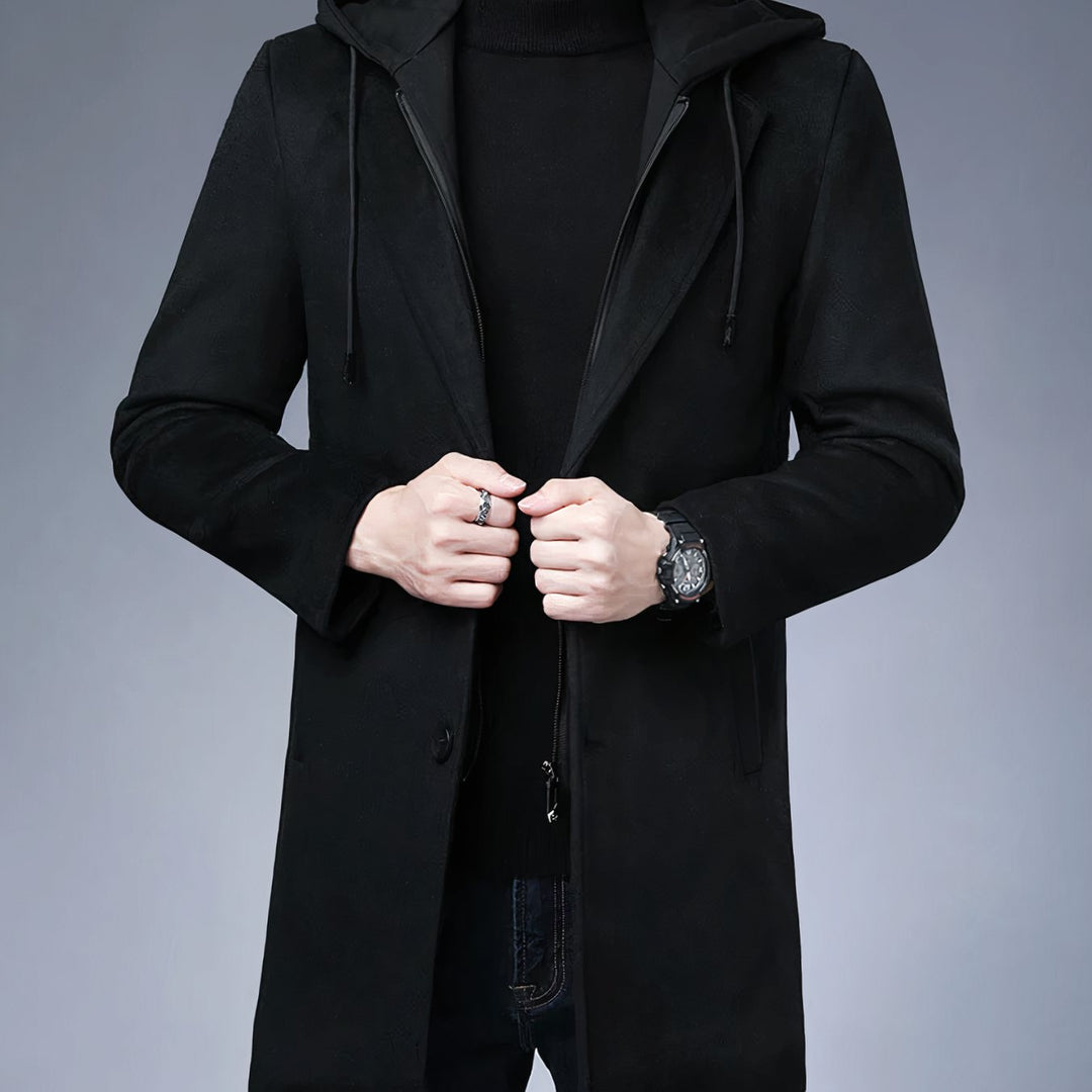 Herren Longline Trench Coat Männer mit Kapuze und Kerbkragen