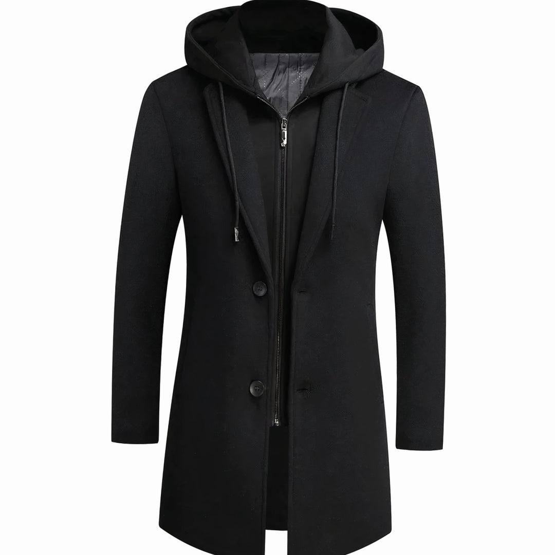 Herren Longline Trench Coat Männer mit Kapuze und Kerbkragen - Schwarz