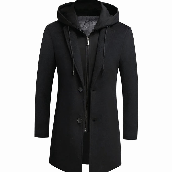 Herren Longline Trench Coat Männer mit Kapuze und Kerbkragen - Schwarz