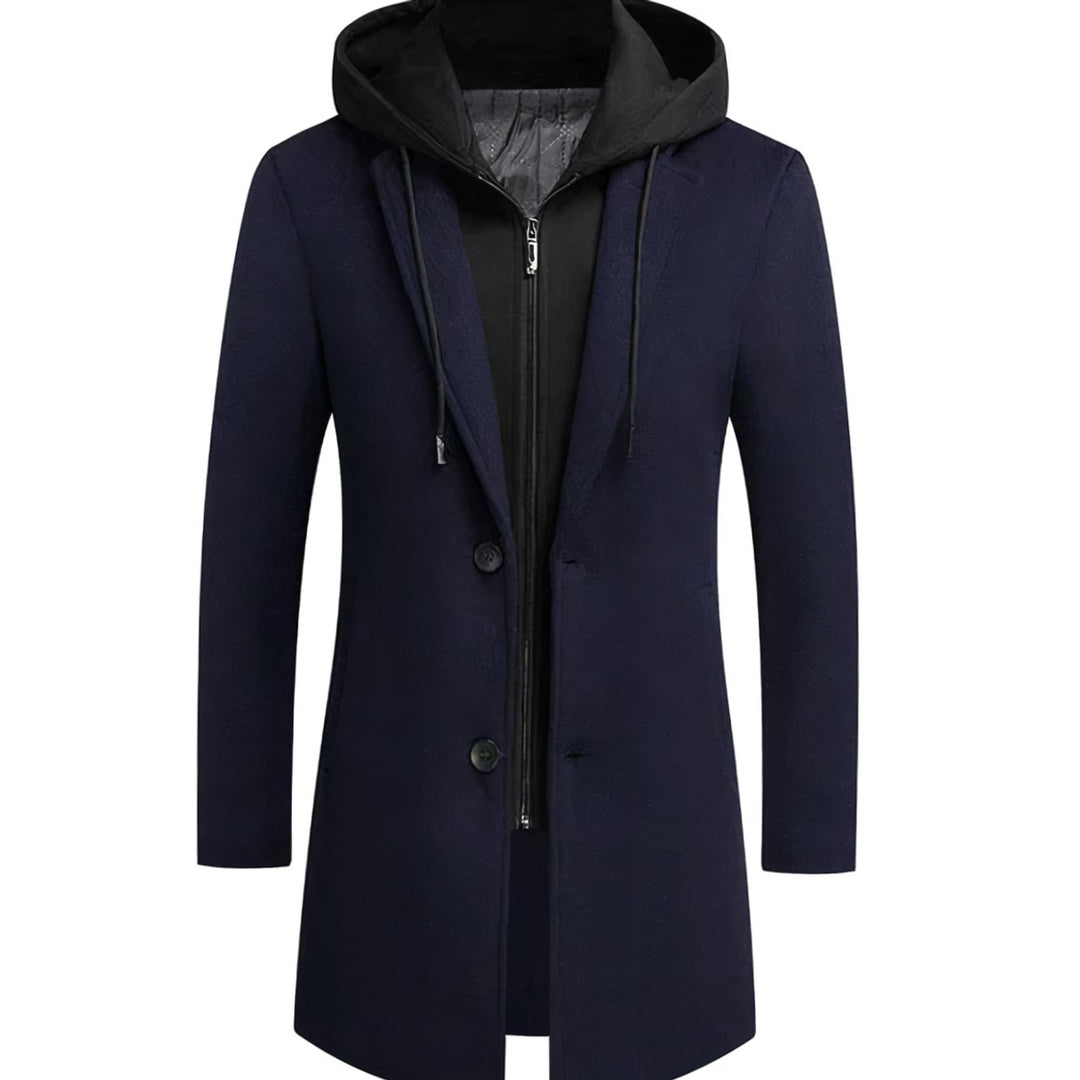 Herren Longline Trench Coat Männer mit Kapuze und Kerbkragen - Marine