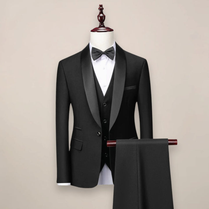 Herren Slim-Fit Dreiteiliger Anzug Schalkragen Smoking Formal - Schwarz